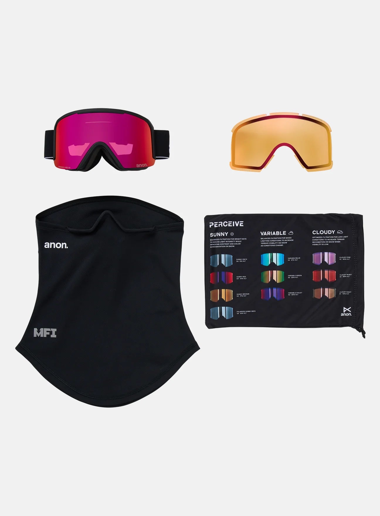 Nesa Goggles + Bonus Lens + MFI Face Mask - Black/Perceive Sunny Red