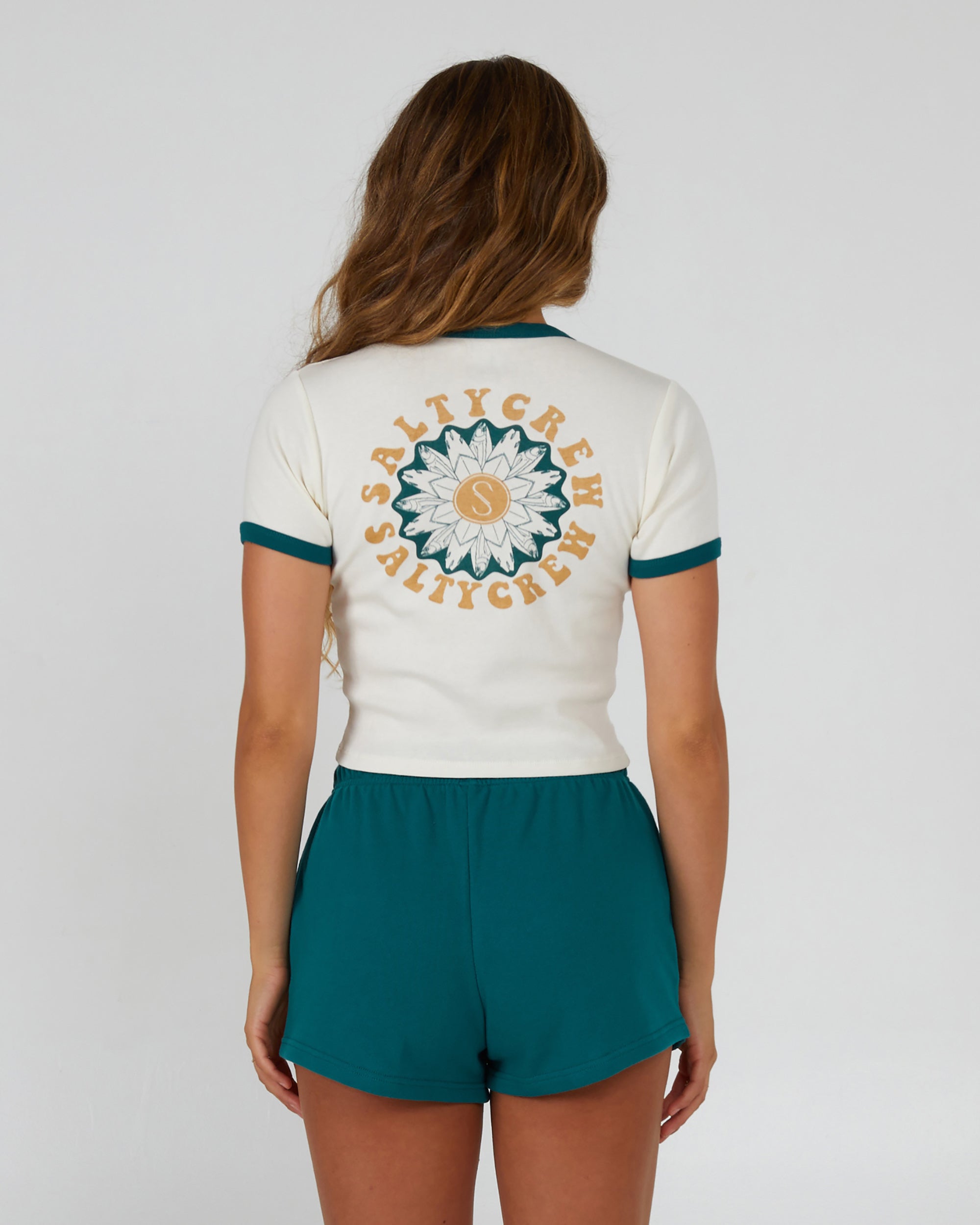 Womens Flower Power Ringer Tee - Off White/Kelp