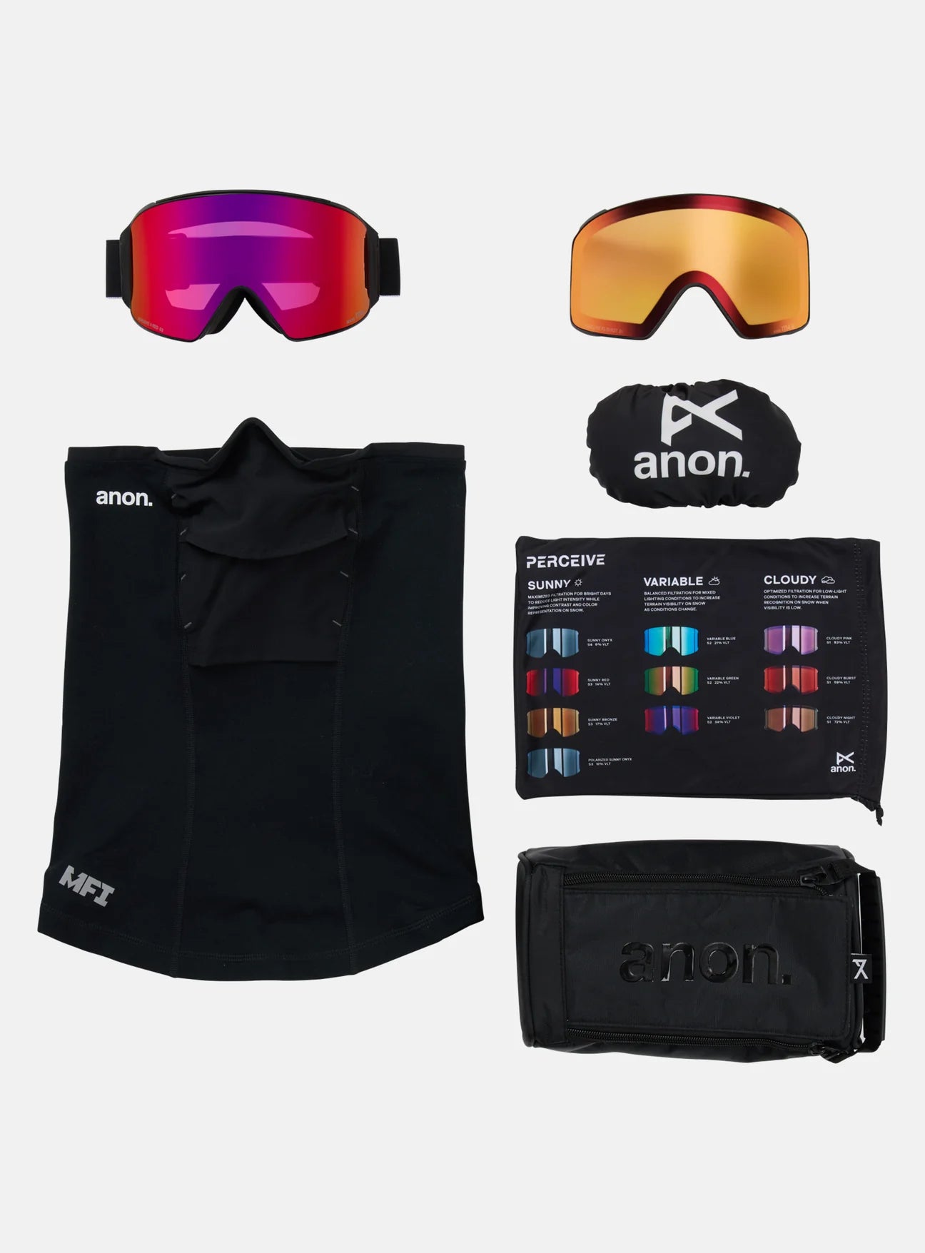 M4 Goggles (Cylindrical) Low Bridge + Bonus + MFI Face Mask - Black/Perceive Sunny Red