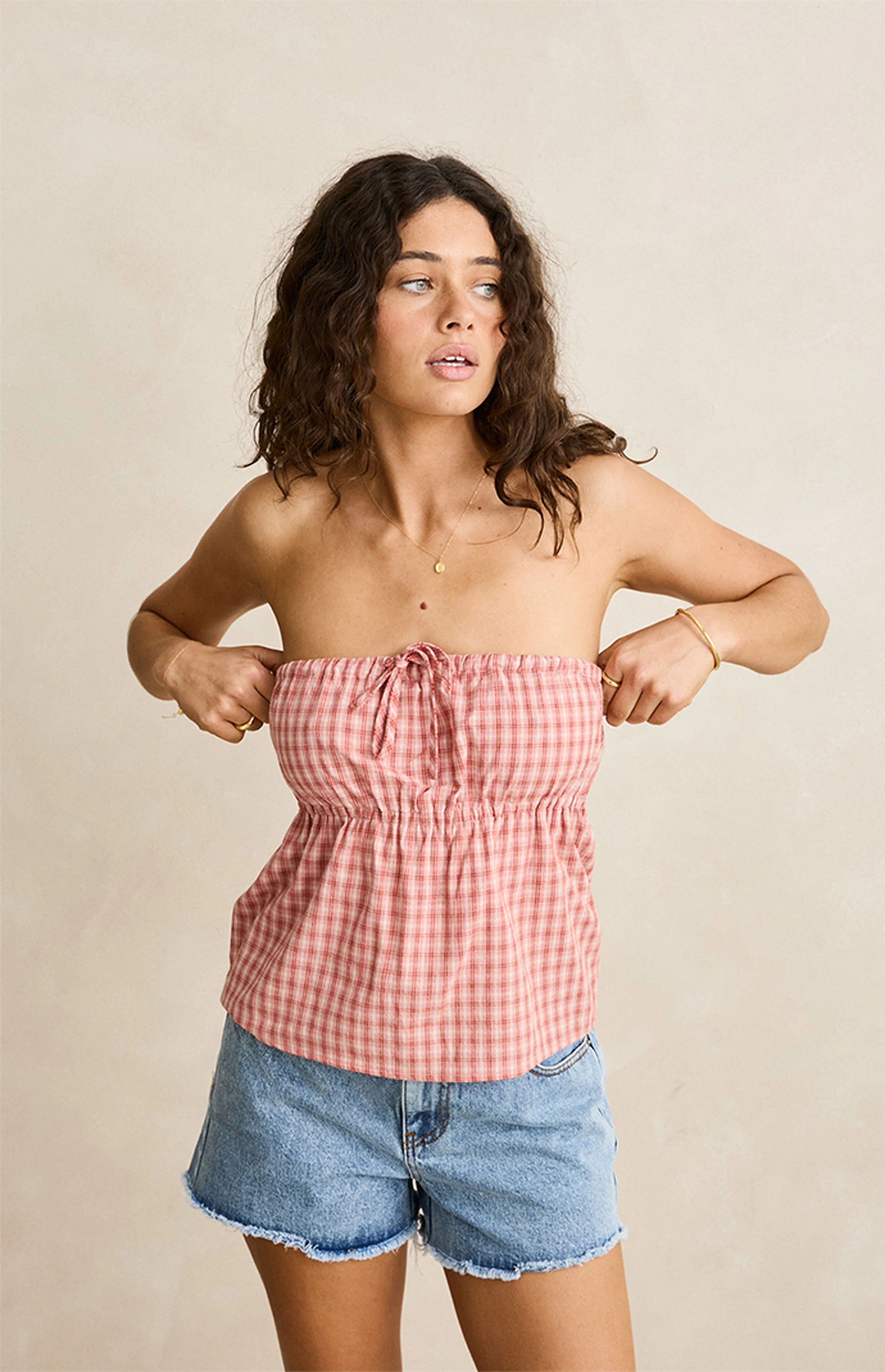 Womens Kirra Check Strapless Top - Pink