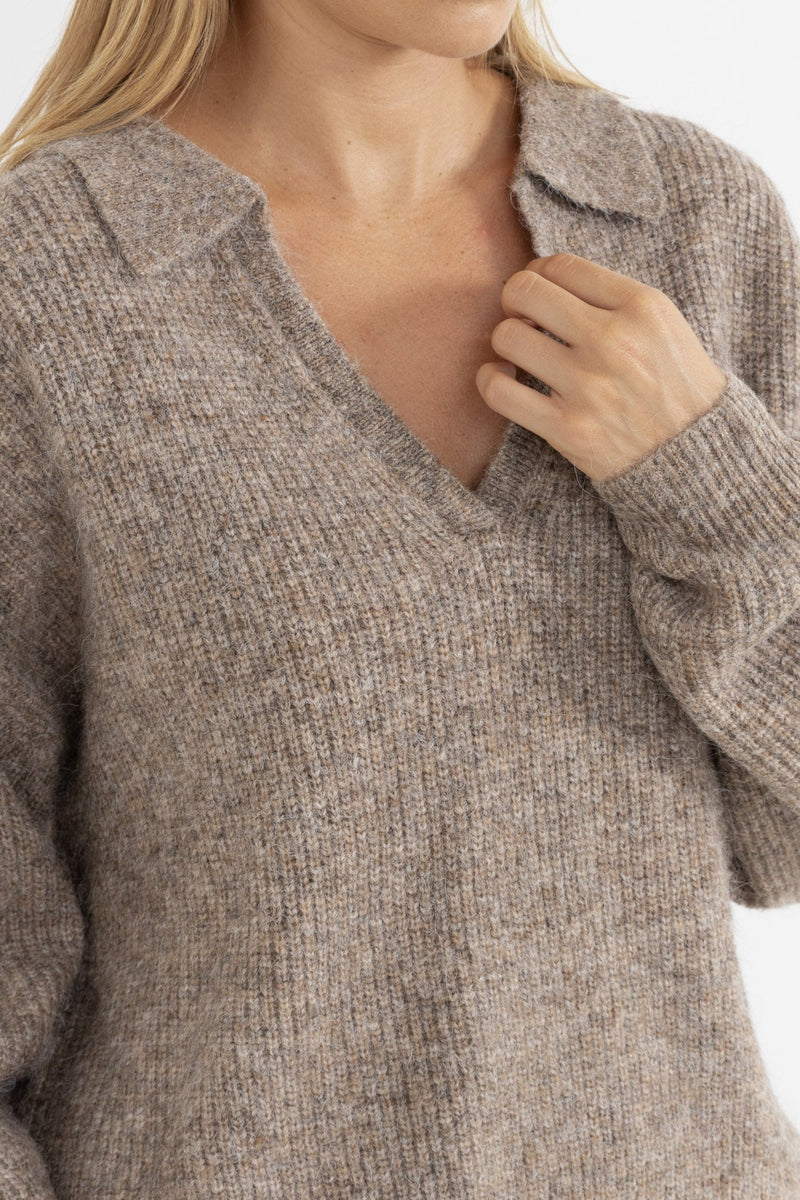 Quinn V-Neck Collared Jumper - Oatmeal